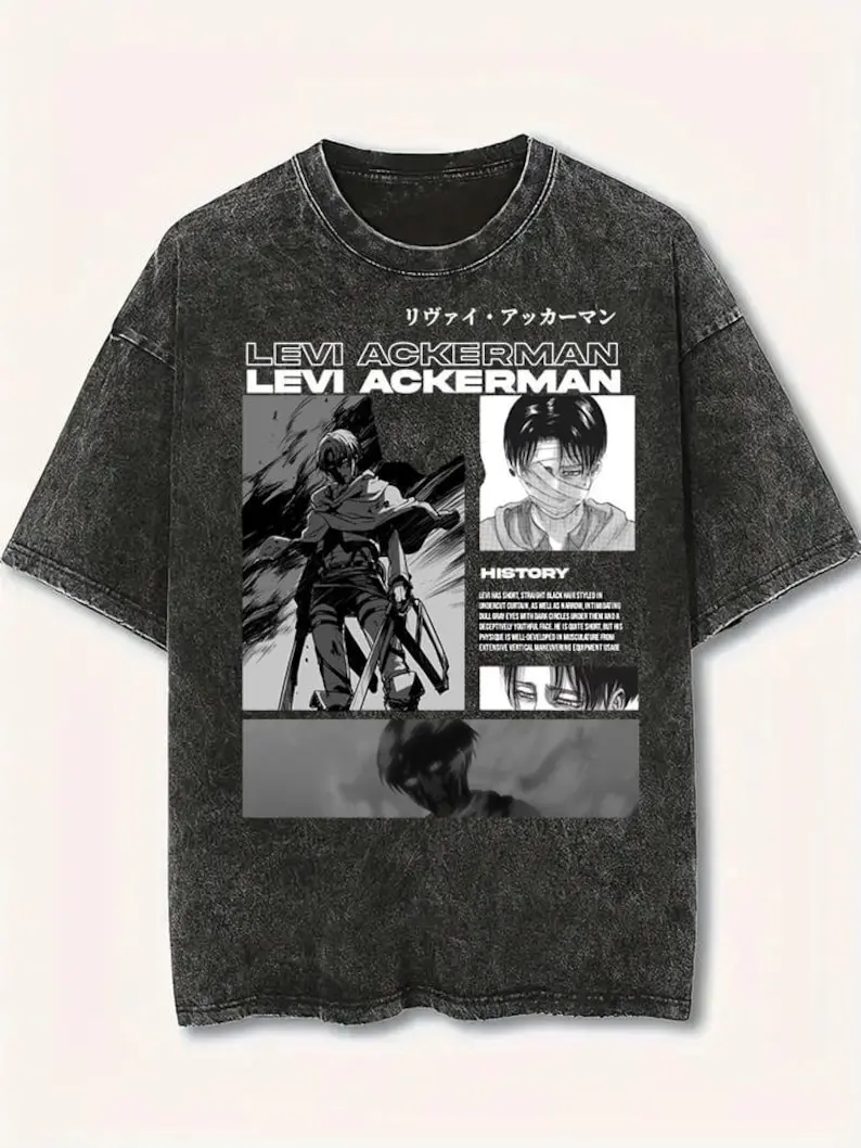 Men's Attack on Titan Levi Ackerman Washed Oversized Short-Sleeve T-Shirt Top - Anime Graphic Streetwear, Vintage Wash Round Neck Distressed Casual Activewear Fan Gift, Shortsleeve, Sports Clothes