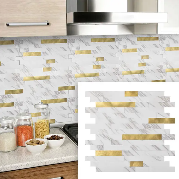 Art3d Peel and Stick Backsplash Vinyl Stone Stickers - 10 Sheets 13.8in×11.8in White Slate with Gold Studs, Decorative Durable Core, Seamless Natural Look, Long-Lasting Upgrade House Decor for Kitchen, Bathroom, Staggered Interlocking Design, Textured Wal
