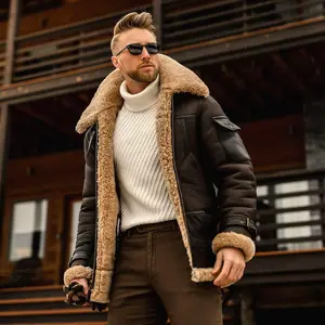Men's Winter Warm Shearling Aviator Jacket - Genuine Leather with Faux Fur Collar & Cuffs, Premium Cold-Weather Outerwear
