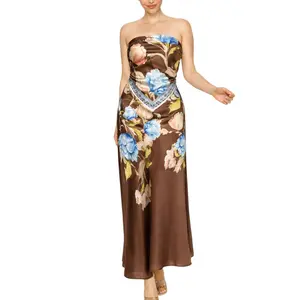 Floral Strapless Satin Top & Skirt Set - Brown