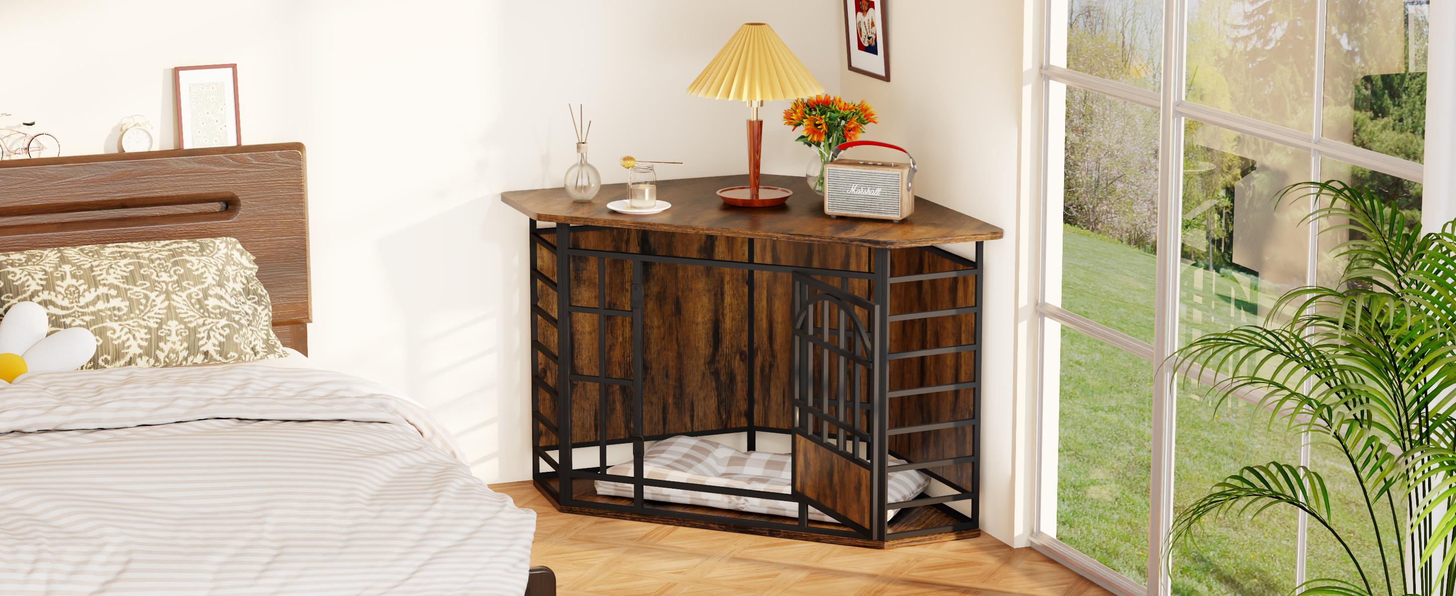 COZPAW 52 Inch Corner Dog Crate Furniture,Wooden Dog Kennel Indoor Furniture End Table,Modern Dog Cage Decorative Pet House TV Stand for Large Medium Dogs,Gray