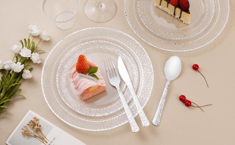 Premium 350PCS Silver Rim Party Tableware Set, Elegant Clear Plastic Plates Cups & Napkins, BPA-Free for Weddings, Parties & Anniversaries