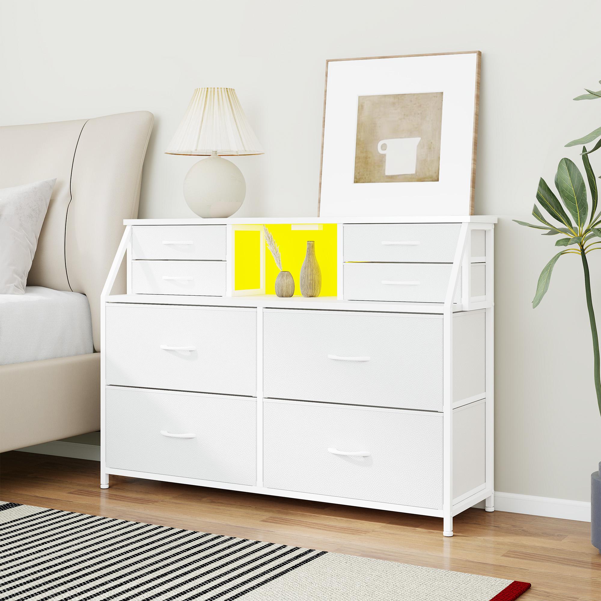 【Storage Hack】Raybee Vanity sideboard 30''H 8 Drawers Dresser for Dorm & Attic,Dresser with Built-In Charging Station and LED, Sturdy Chest of Drawers with Two Open Shelves for Storage,Hides all your clutter to keep you organized and your vibe on point