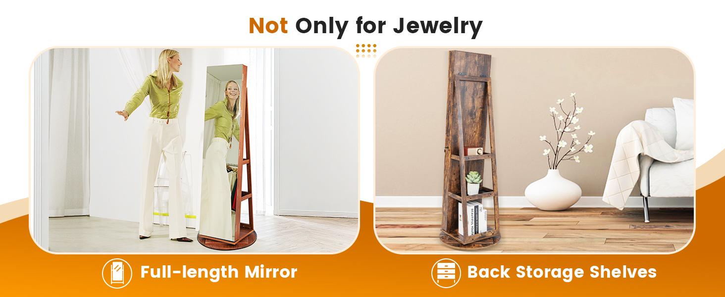 COSTWAY 360° Swivel Jewelry Armoire with Full Length Mirror, Rear Storage Shelves, Lockable Standing Jewelry Cabinet Organizer with Interior Vanity Mirror and 3-Color Lights -costst