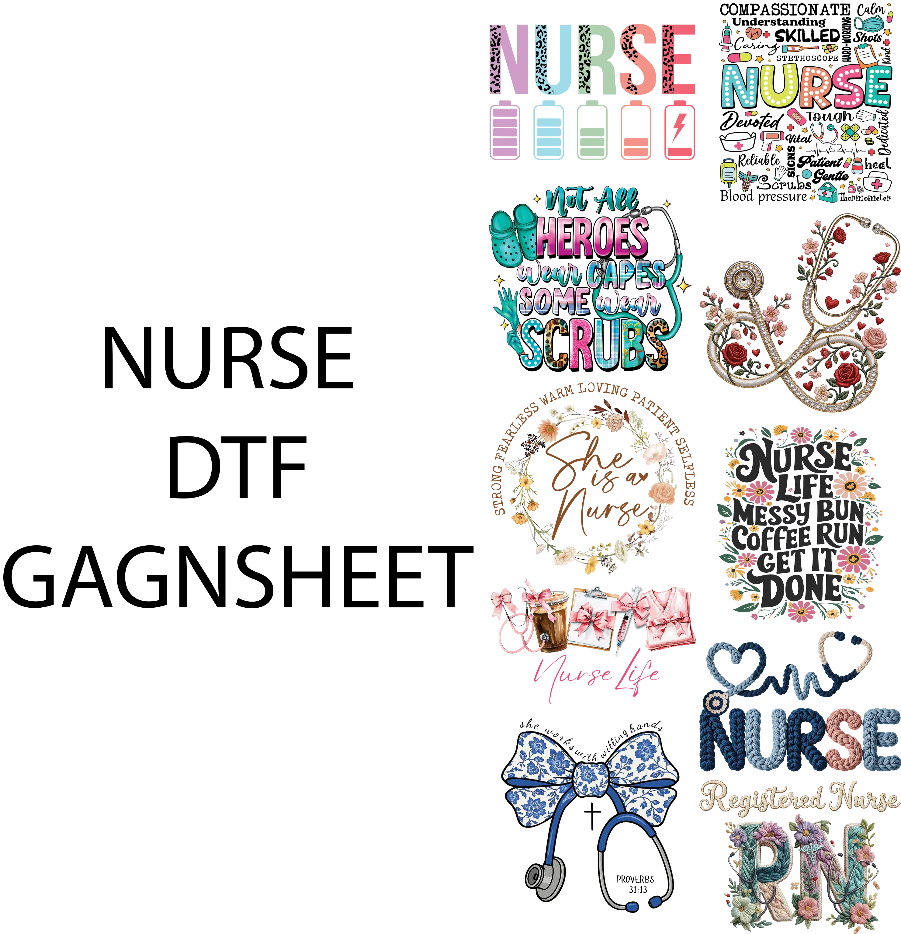Nurse DTF Gangsheet for Shirtmaking - High-Quality DTF Transfer Sheets for Custom Nurse Designs