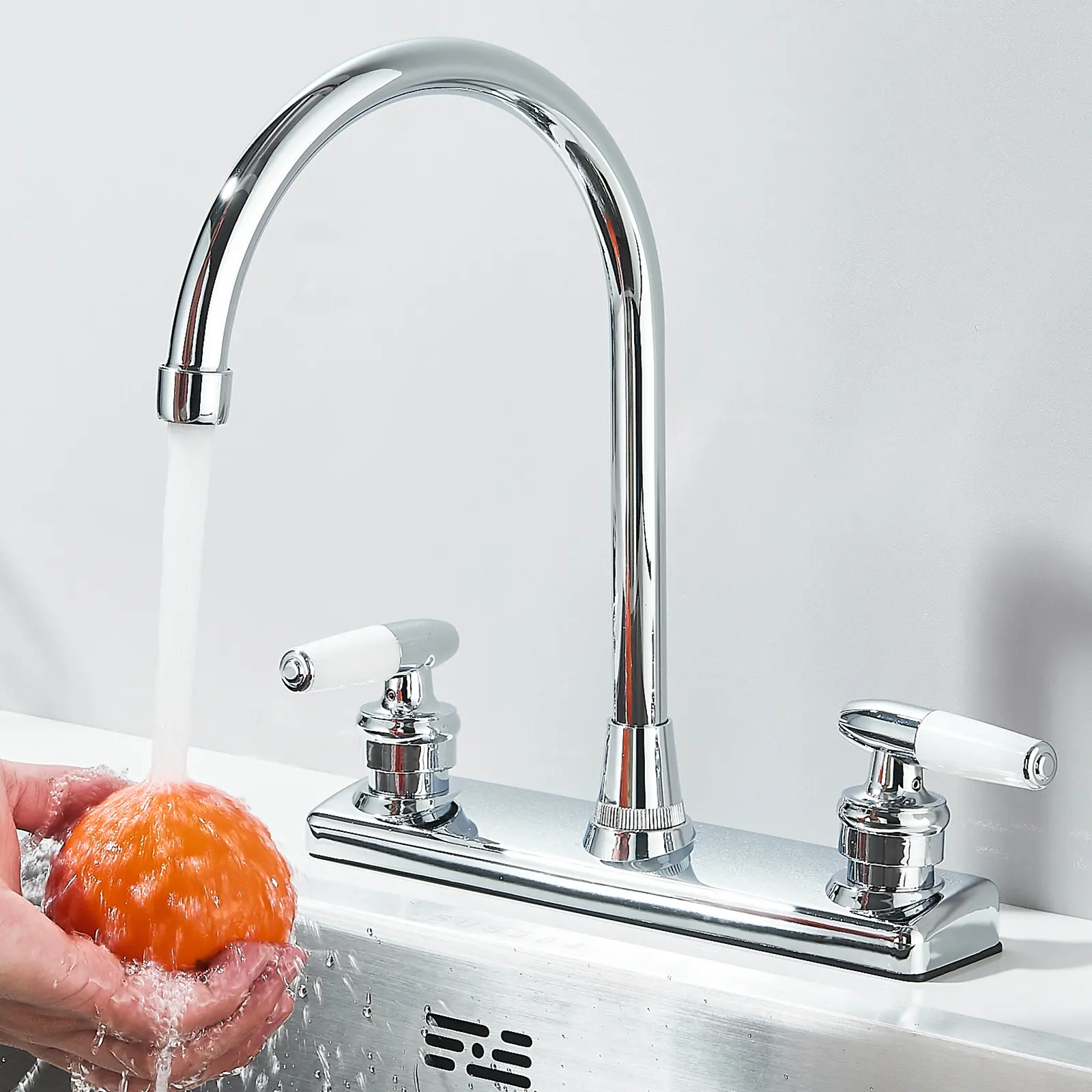 8 Inch Centerset Kitchen Faucet for Sink 3 Hole Dual Handle Kitchen Sink Faucets High Arc 360° Rotating Spout , Plastic,Chrome, Without Side Sprayer