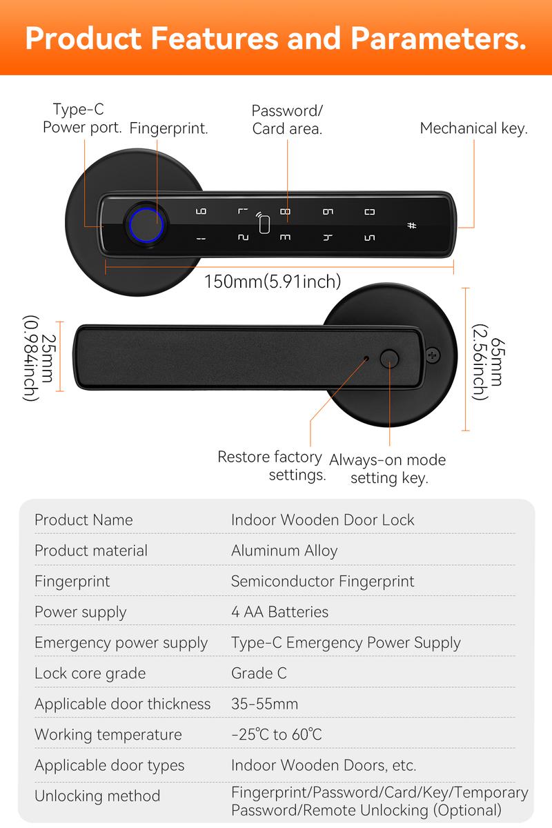 Smart Fingerprint Door Lock with Handle Keyless Entry 4-in-1 Card APP Backup Key Bedroom Home Privacy Apartment Local Data Storage