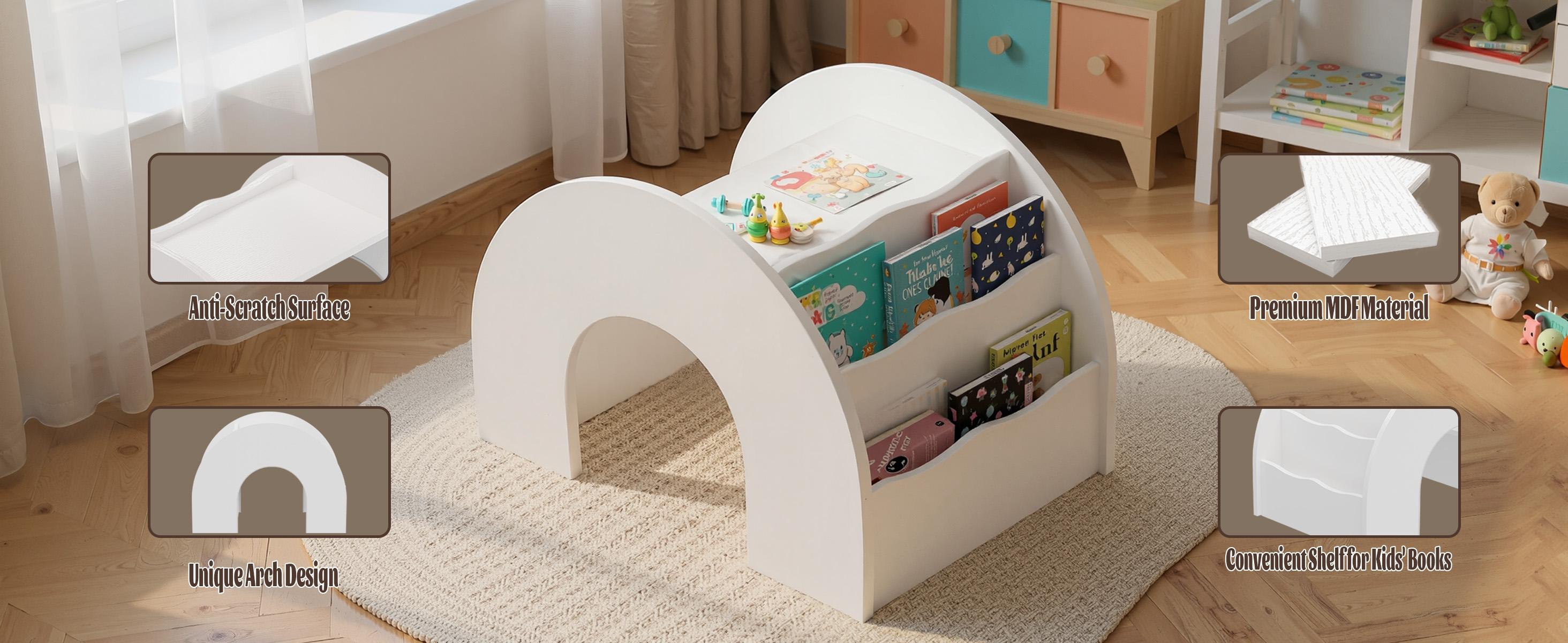 COZPAW 3-in-1 Kids Table and Chair Set, Toddler Activity Table with Book Shelf for Ages 2-7 | Arched Baby Bookshelf with Desk for Reading Drawing Playing (white)
