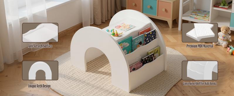 COZPAW 3-in-1 Kids Table and Chair Set, Toddler Activity Table with Book Shelf for Ages 2-7 | Arched Baby Bookshelf with Desk for Reading Drawing Playing (white)