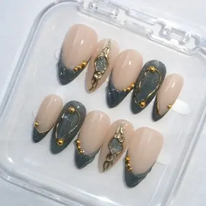 Marina Set by Pretty Set Studios  - Pewter Gold & Nude Long Almond Nails with 3D Accents High Gloss Finish Reusable Eco-Friendly Vegan Cruelty-Free