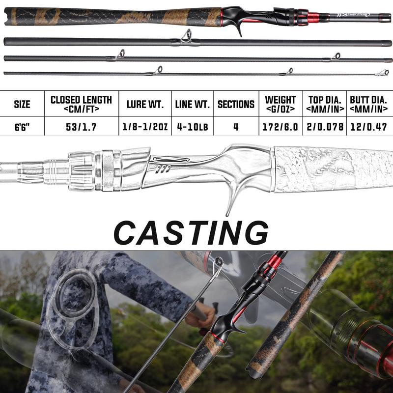Sougayilang casting rod and reel combo set, featuring an IM6 carbon two-piece rod blank, stainless steel guides with ceramic inserts, ergonomic EVA handle and butt, available in split or one-piece rear handle designs, and six models to choose from.