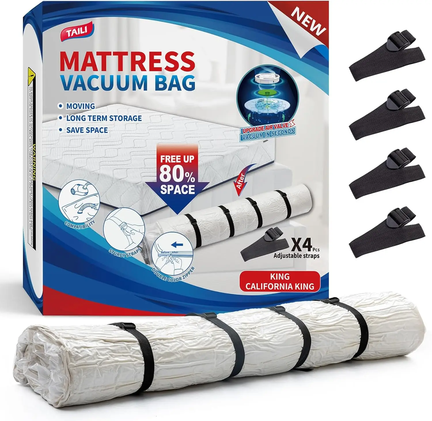 TAILI Mattress Vacuum Bag, Mattress Vacuum Storage Bag with 4 Straps, Sealable Bag for Memory Foam, Latex, Easy Moving, Transport and Storage