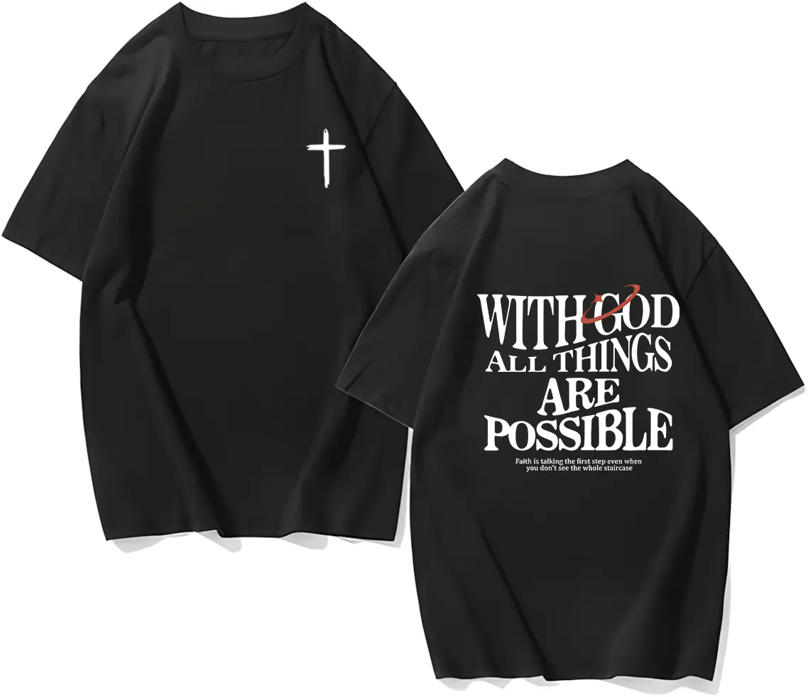 Men's vintage washed cotton T-shirt with the design 'With God all things are possible' from Matthew 26:41, loose fit short-sleeve shirt, black with white lettering, casual attire, high-quality fabric