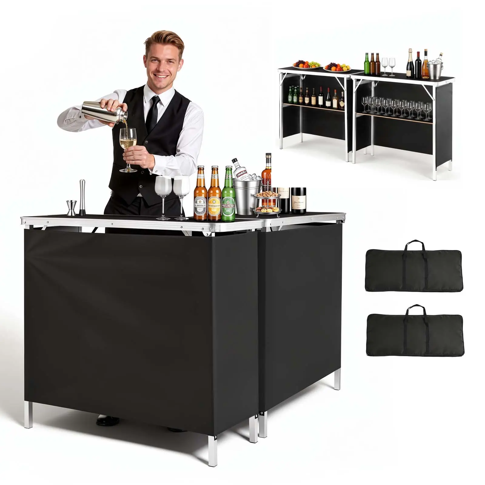 【SummerFinds】VEVOR 2-Pack Foldable Aluminum Home Bar Tables (38.6x15.2x34.3 in) - 3-Sided, Clean & Simple, Carry Bag, Storage Shelf, Detachable Skirt, Quick Set-Up, Mobile Station for Parties, Mall Events, Market Stalls