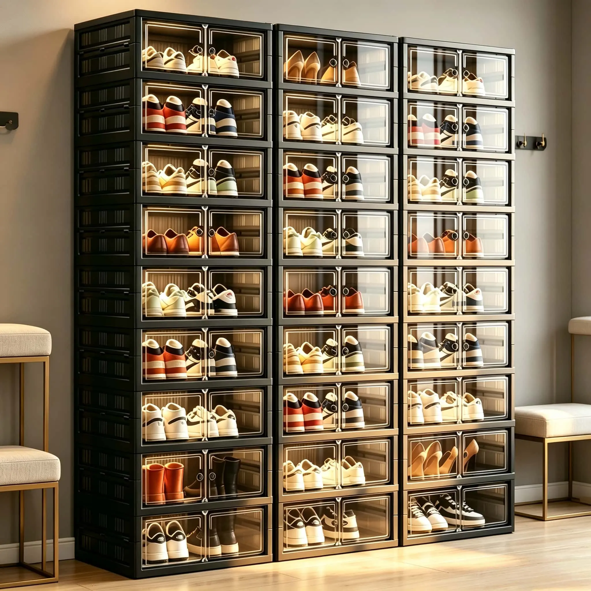 Foldable Large Modular Shoe Storage Cabinet, Closed Transparent Stackable Shoe Organizer, Space Saving Easy Assemble Entryway Shoe Box, Portable Household Storage For Sneakers, Boots, Sandals, High Heels, Space Efficient Shoe Rack Organizer, Black