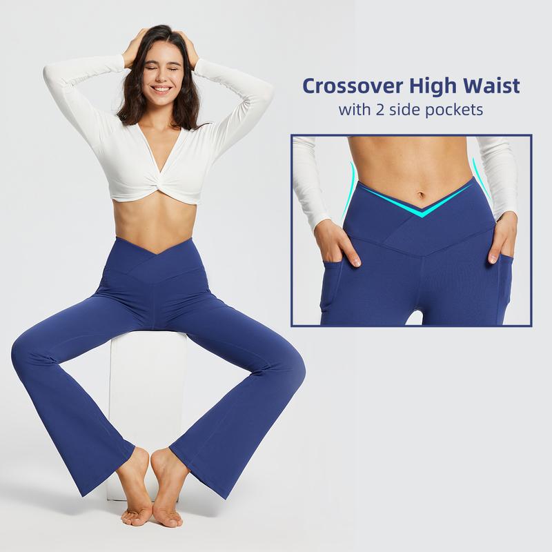 baleaf 29''/32''/34'' inseam Women Flare Leggings Crossover V-Cut Yoga Pants Flare Khakis High Waist Casual Workout Lounge Tall Bottom Pockets Petite Girls Forbidden Pants