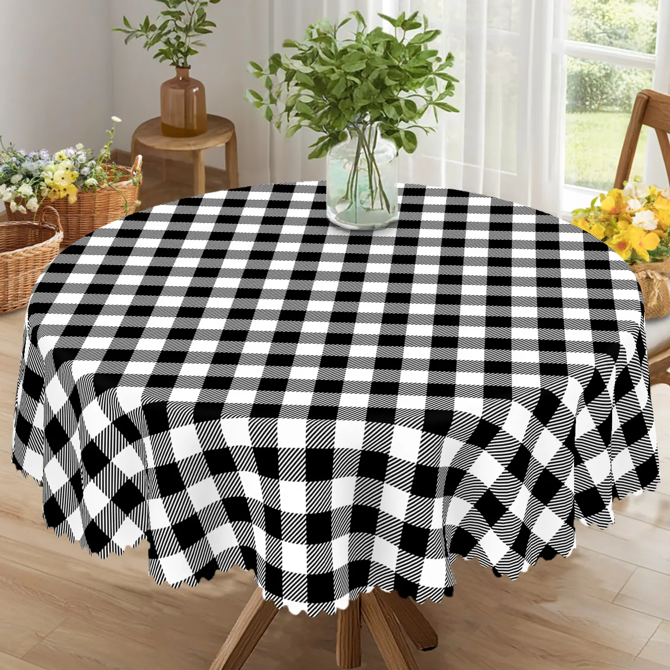PLUMLIK Embossed Black White Buffalo Plaid Polyester Tablecloth - Anti-Scratch Home Supplies, 55in Length/60in Diameter Multi-Size Rectangle & Round Covers, Machine Washable for Anniversary & Holiday Parties