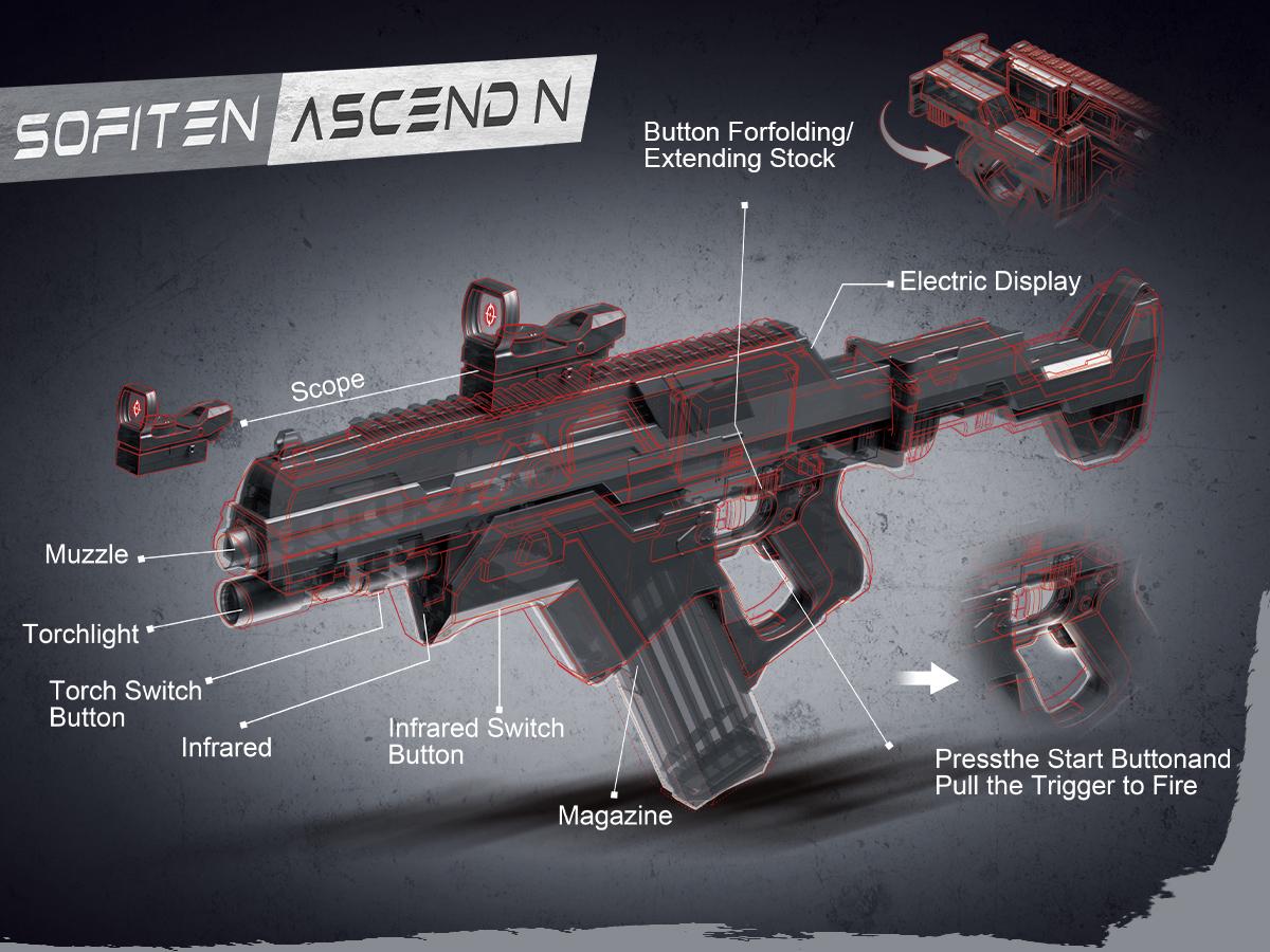 SOFITEN Ascend N,7.4V Full Auto Toy foam blaster set with Tactical Vest / Infrared / Flashlight / Power Indicator&Foldable Stock / 2 type darts, Toy gun set ideal for nerf guns fans 8+ boys girls; For Gift / family party / outdoorfun / Birthday / Practice