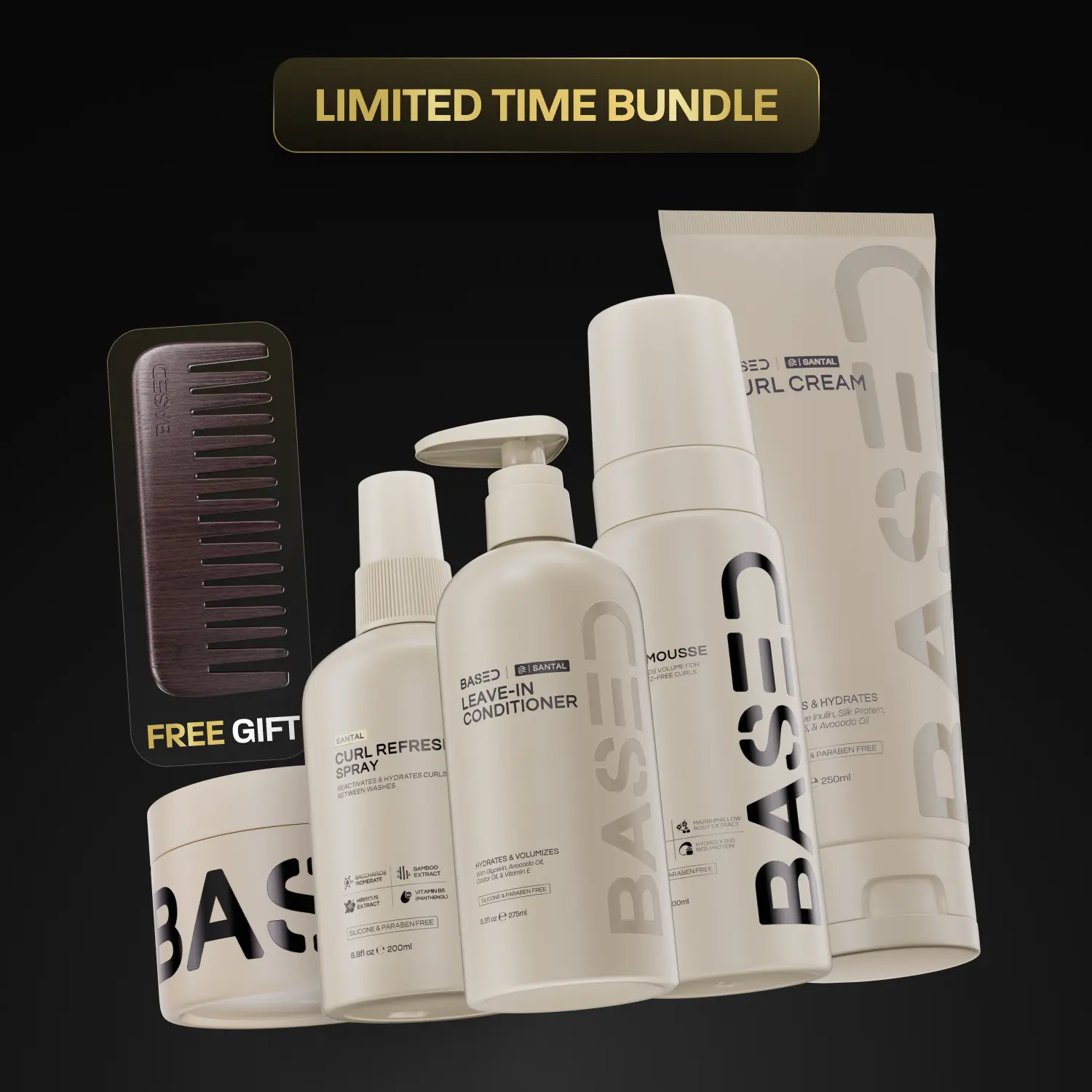BASED Complete Curly Kit | Curl Mousse, Curl Gel, Curl Refresh Spray, Curl Cream, Leave-In Conditioner & Comb | Simple, Effective, BASED.