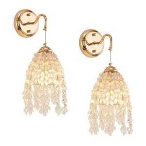 Set of 2 Gold Frame and Crystal Grape-Shaped Bead String Wall Sconces , E12 Bulb Socket, Elegant Hanging Light Fixture for Living Room, Bedroom, Hallway (Bulb Not Included)