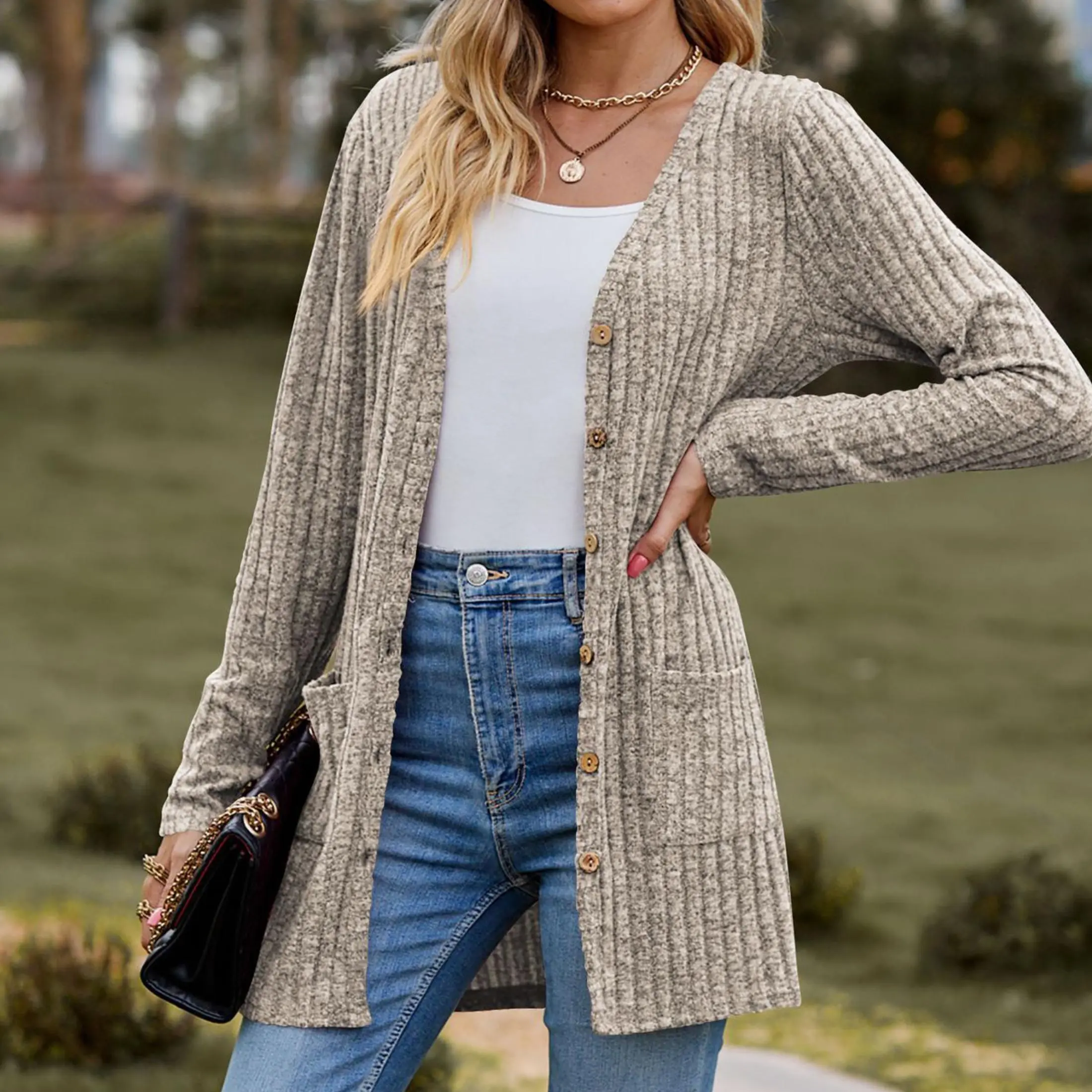 Women's Fashion Ribbed Knit Open Front Cardigan Casual Longline Sweater with Pockets Springfresh Women's Fashion Ribbed Knit Open Front Cardigan Casual Longline Sweater with Pockets Springfresh