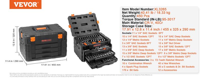 VEVOR Mechanics Tool Set and Socket Set, Various specifications, with 1/4" 3/8" 1/2" Drive Deep and Standard Sockets, Max 450 Pcs SAE and Metric Tools, Portable Mechanics Kit Wrench Hardware