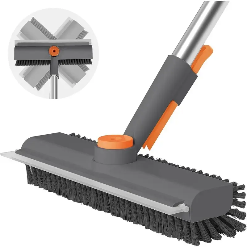 Floor Scrub Brush with Long Handle, 3 in 1 Scrape and Heavy-Duty Stiff Bristle Scrubber Brush for Cleaning Shower Bathroom, Patio, Pool, Garage, Kitchen, Wall and Deck