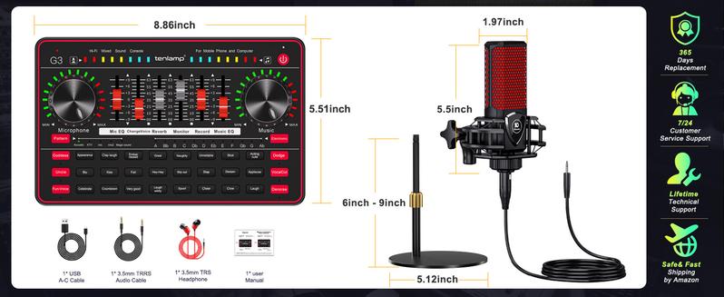 Tenlamp G3-Q8 Podcast Microphone bundle Live Sound Card Streaming Audio Mixer, Podcast Equipment with Voice Changer/Audio Interface for Live Streaming/Singing/Content Creation, with Voice Effects Soundboard