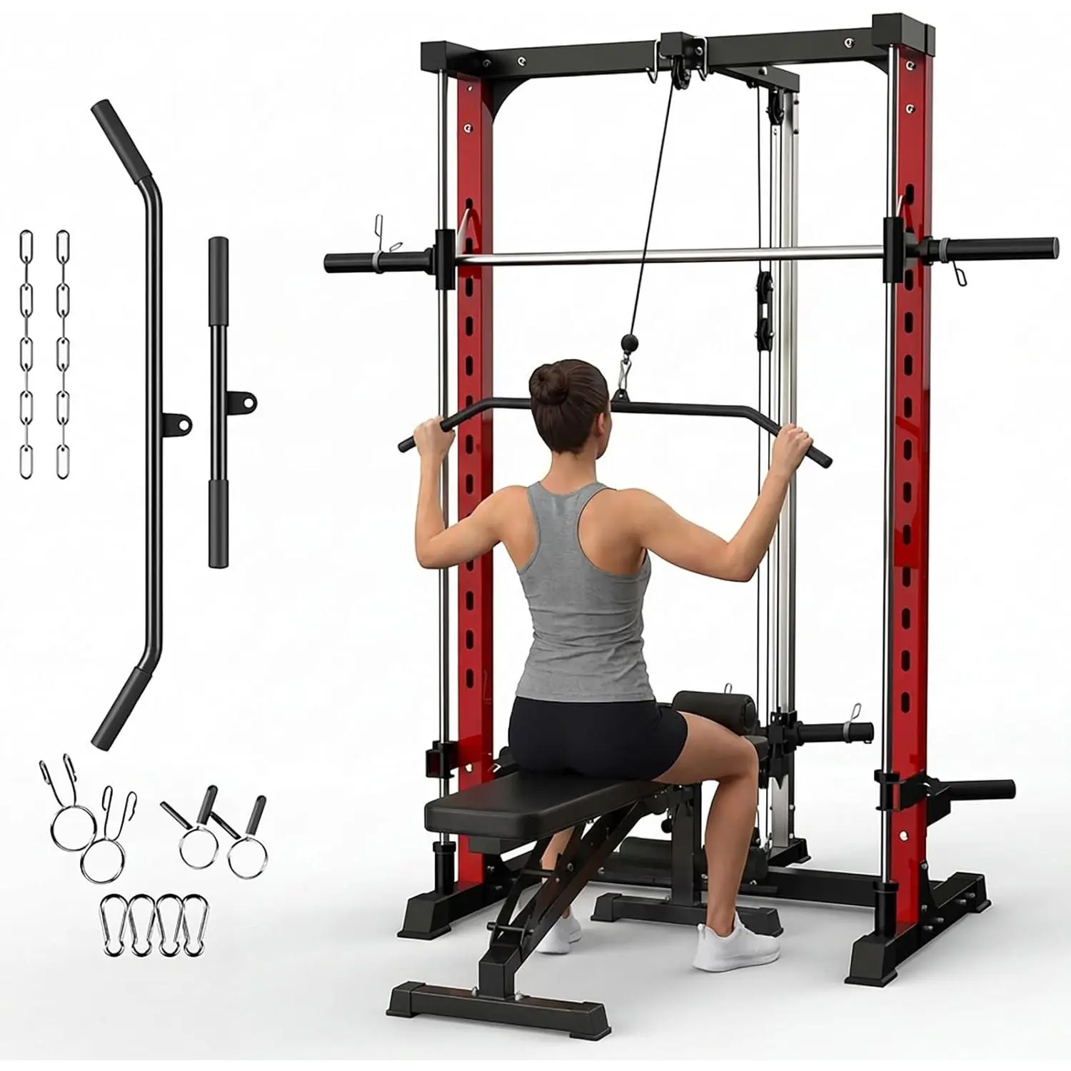1000LBS Compact Carbon Steel Multi-Functional Smith Machine Home Gym Combo Indoor Furniture Set - Includes Squat Rack, Lat Pulldown System, Lat Pulldown Bars for Full Body Workout