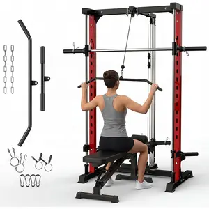 Smith Machine Home Gym, 1000LBS Multi-Functional Smith Machine with Squat Rack & LAT Pulldown System, Power Rack Power Cage with Barbell Bar