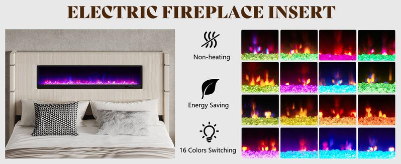 【Ships in 2 Boxes】AMERLIFE Modern Bed Frame with Fireplace, Wingback Platform Bed with 60.4“ Extra Tall Headboard, Corduroy Upholstered Bed Wooden Slats/No Box Spring Needed