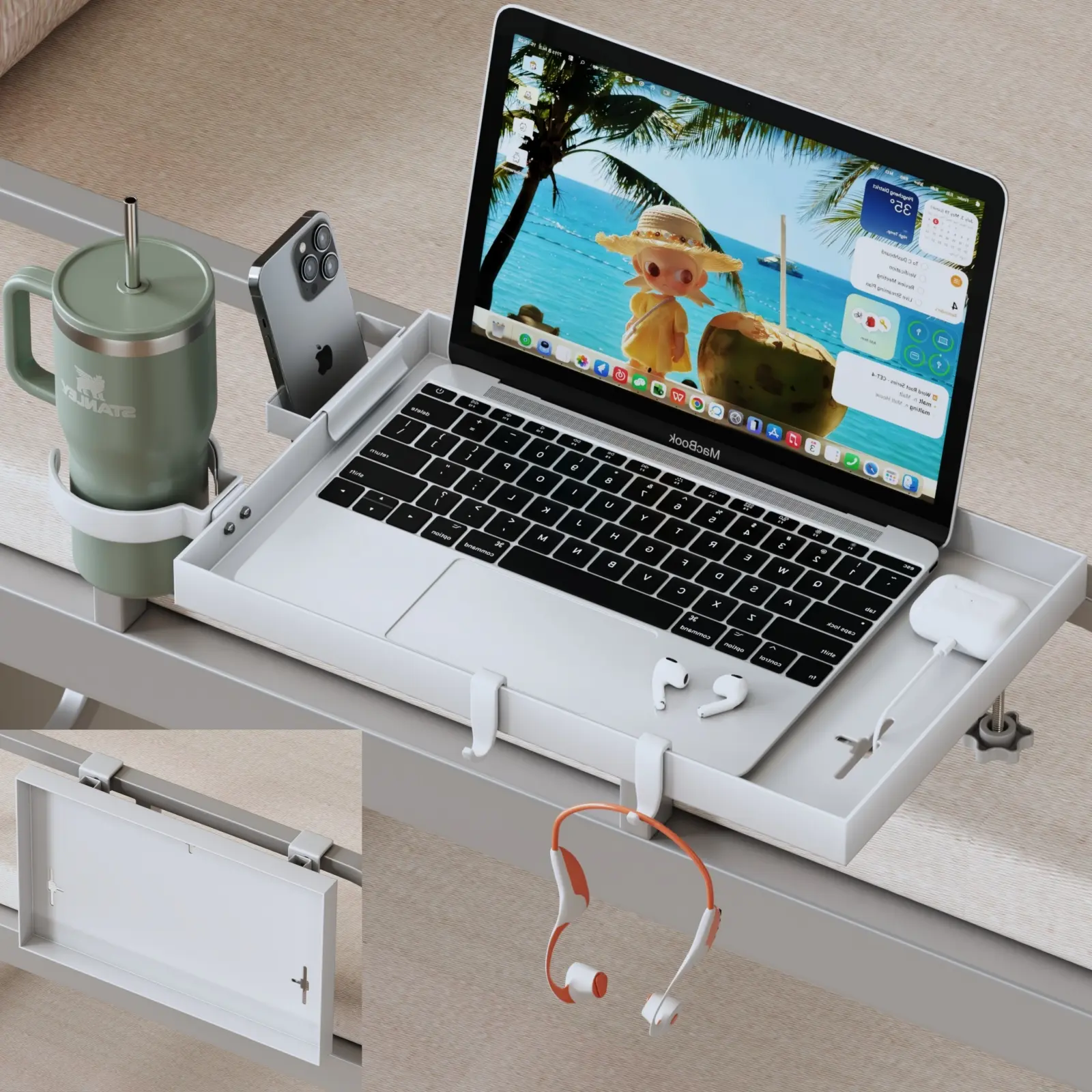Foldable Heavy Duty Clip-On Bedside Tray, Free-Drill Carbon Steel Bedroom Shelf with Cup Holder & Cable Holes, Adjustable Clamp for College Dorm Shopping, Space-Saving Home Organizer for Renters, Folding