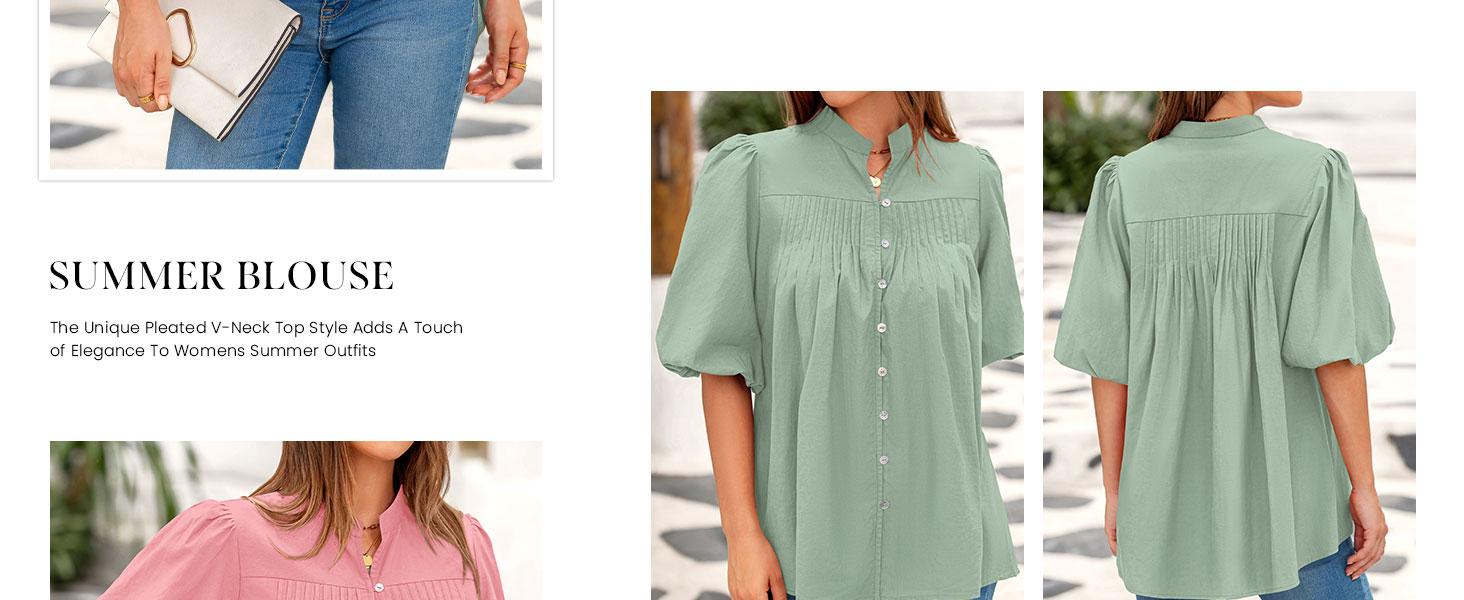 PrettyGarden Women's Button Down Lined Shirt Short Lantern Sleeve Summer Tops Loose Fit Casual Pleated V Neck Blouses