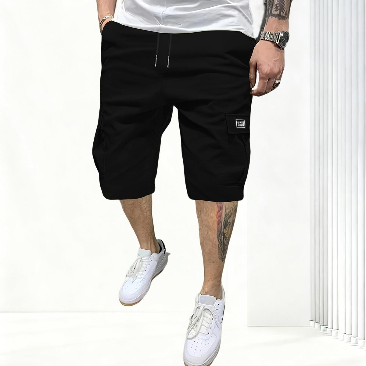 Men’s casual cargo shorts with a drawstring, designed for outdoor work and featuring multiple pockets; non-stretch cargo shorts.