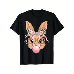 Happy Easter Bunny Pattern Bow Brushed Easter Girls' and Women's T-shirt