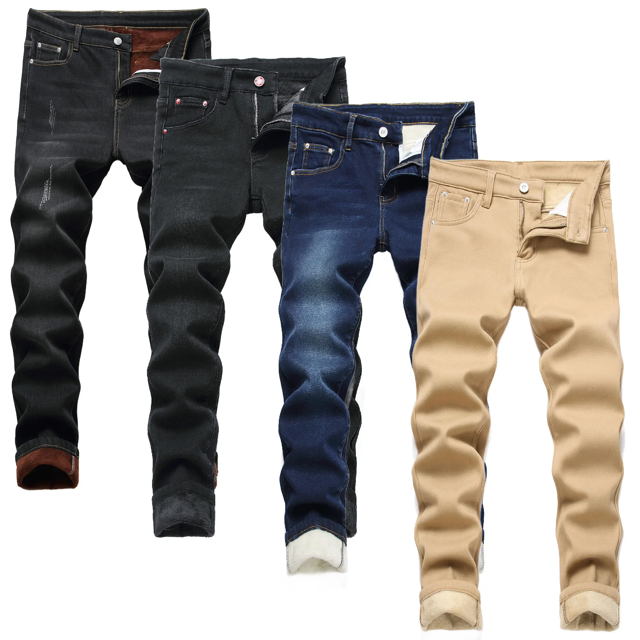 boys Jeans Slim Fit Skinny Denim Pants Fashion Comfort Tapered Leg Jeans Padded autumn-winter fleece jeans