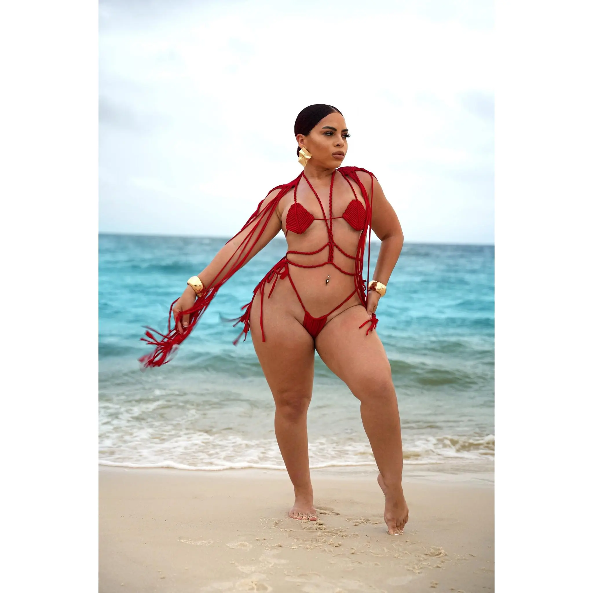 Grecian Siren Strappy Custom Handmade Shoulder Fringe Bikini & Matching Thong