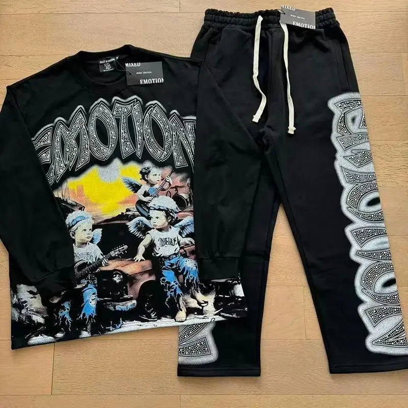 Men's 2-Piece Streetwear Tracksuit - Rhinestone Angel Graphic Zip-Up Hoodie and Trouser Set, Casual Menswear