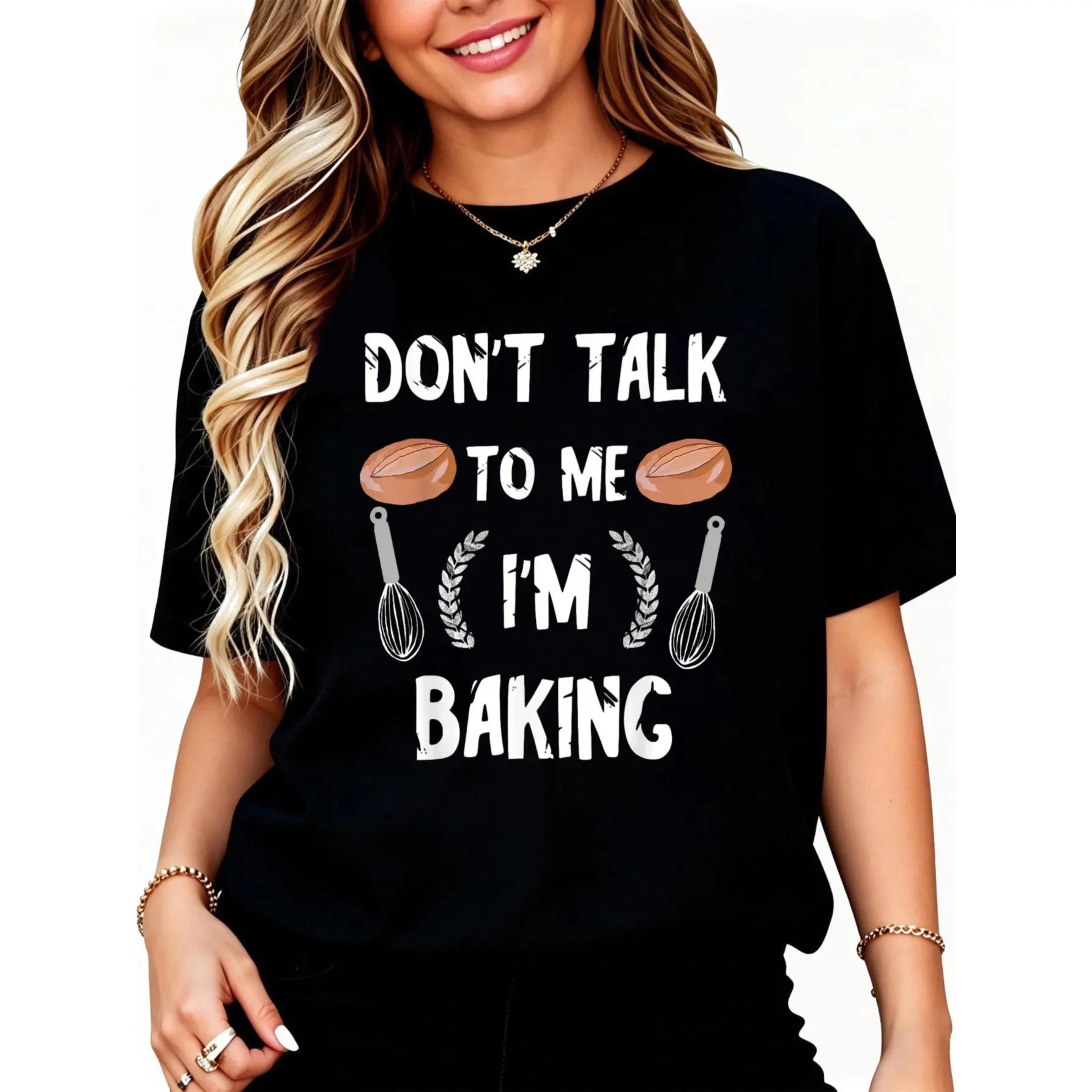 Casual Graphic T-Shirt for Women, 100% Cotton Round Neck Streetwear Top with Funny 'I'm Baking' Baker Quote for Everyday Wear, Tshirt