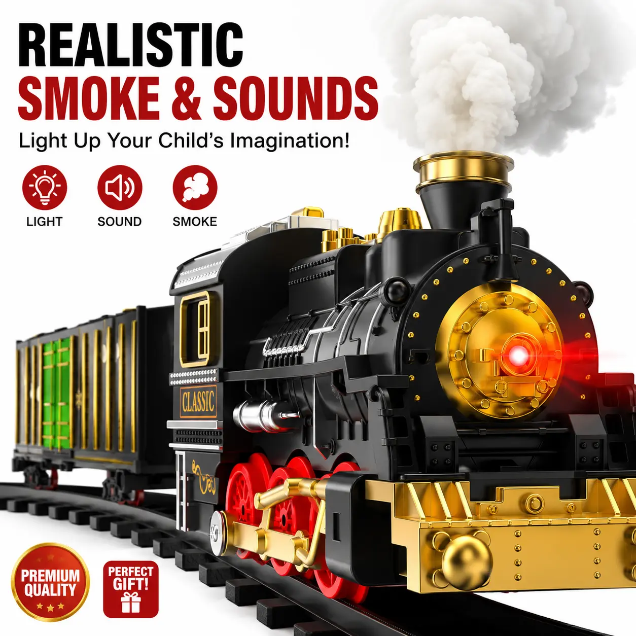 Classic Electric Train Toyset for Kids 3 and Up - Electric Railway Toy with 1 Steam Locomotive, 2 Cargo Cars, 3 Straight Tracks, 8 Curved Tracks, Realistic Smoke, Sounds, Lights, Upgraded Design, Ideal Birthday Gift for Boys & Girls, Smoke Effect, Aa, 1 X
