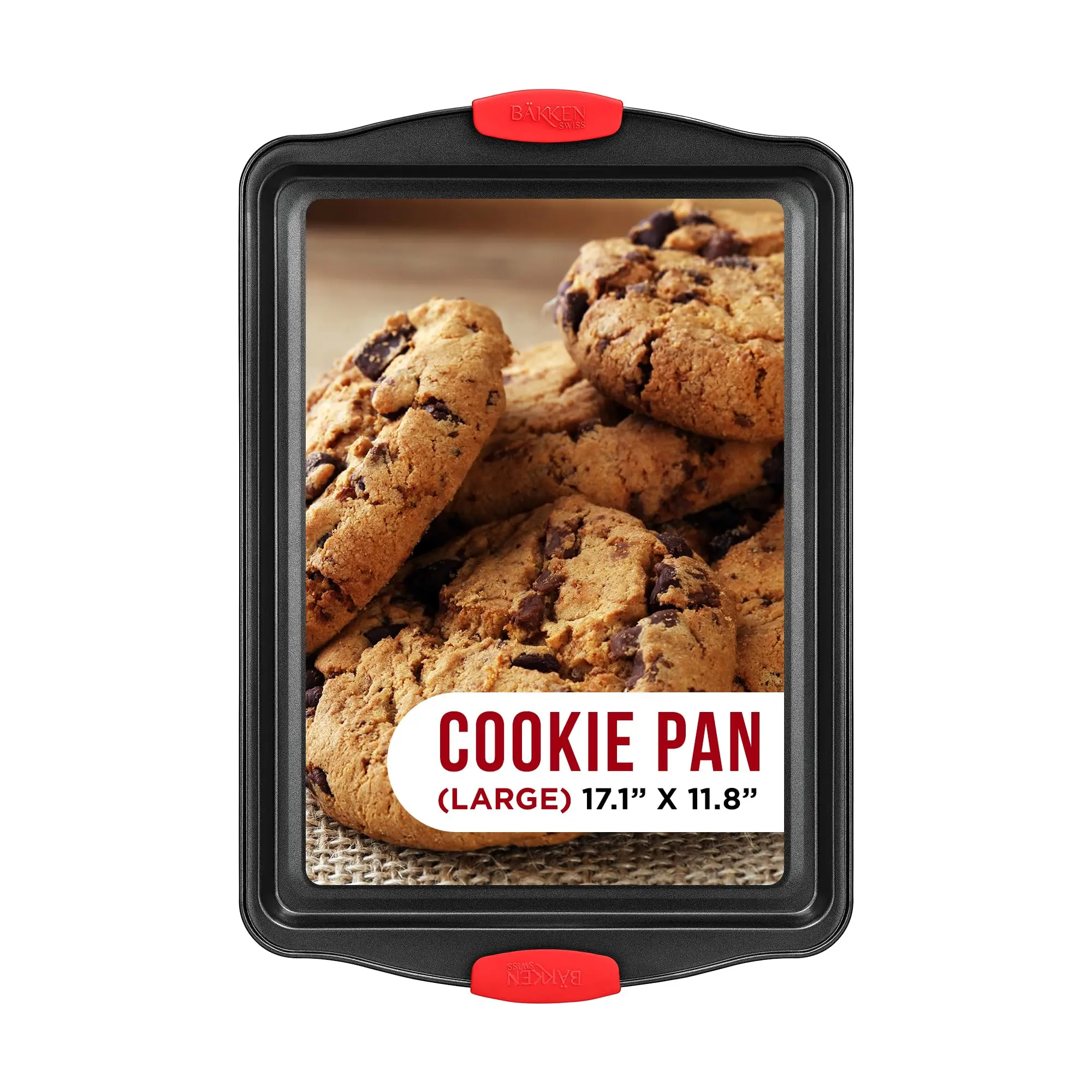 Bakken Nonstick Cookie Sheet Pan Carbon Steel Oven Tray Sheet Pan with Red Silicone Handles -large Bakeware Pan Tray with Gray Coating Inside & Outside