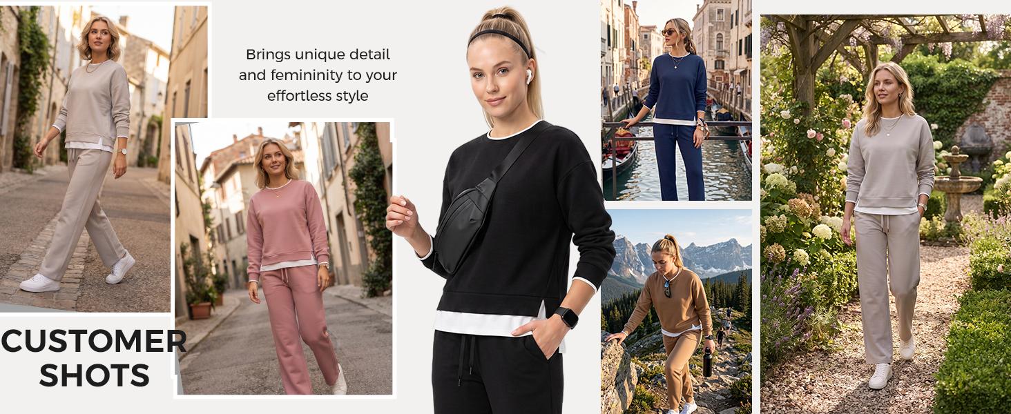 Fisoew Women's 2 Piece Set Fake Layering Crewneck Fleece Long-Sleeve Sweatshirt & Drawstring Medium Length Cropped Jogger Pants, Machine Wash Matching Loungewear Set, Women's Loungewear Sets Clothes Clothes Chic Lightweight