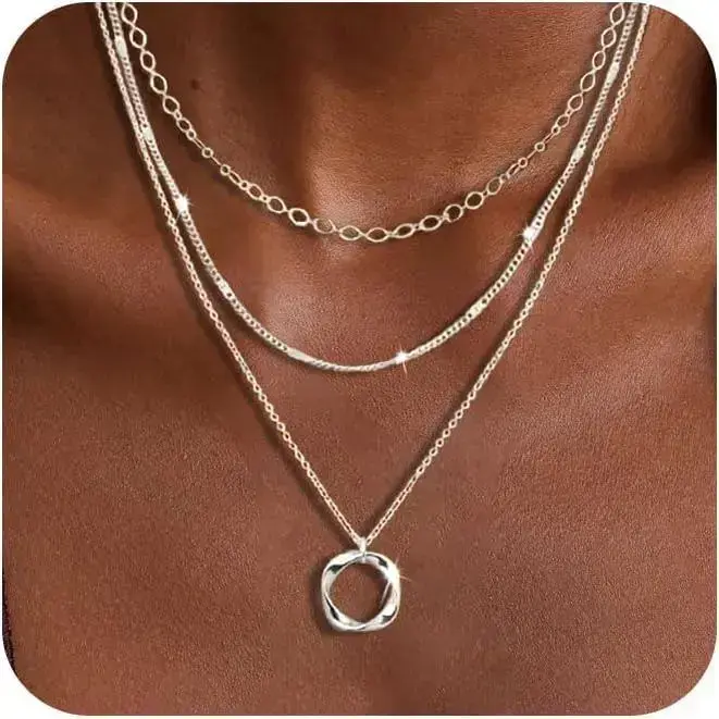 Layered silver necklaces for women, sterling silver stack choker necklaces for women trendy layering circle pendant chain necklace set jewelry for women Cubanchain moissanite chain Layered silver necklaces for women, sterling silver stack choker necklaces for women trendy layering circle pendant chain necklace set jewelry for women Cubanchain moissanite chain