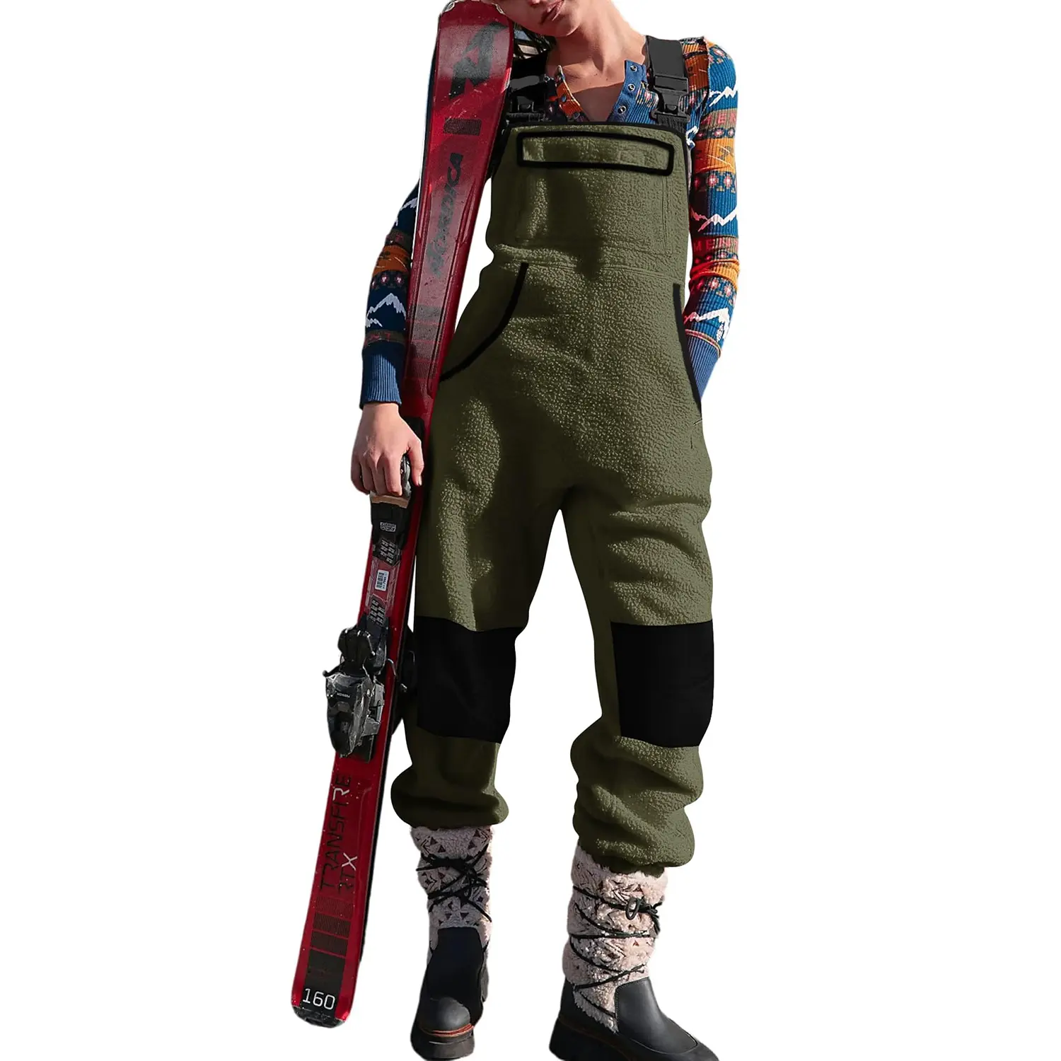 Women's Fashion Soft Polyester Fleece Warm Bib Overalls - Comfortable, Loose Fit Clothes, Elastic, Adjustable Straps-Buckle, Colorblock Cold-Weather Jumpsuits for Professional Skiing, Multiple Pockets (Leg Pockets), Cold Wash, S-2XL, Casual