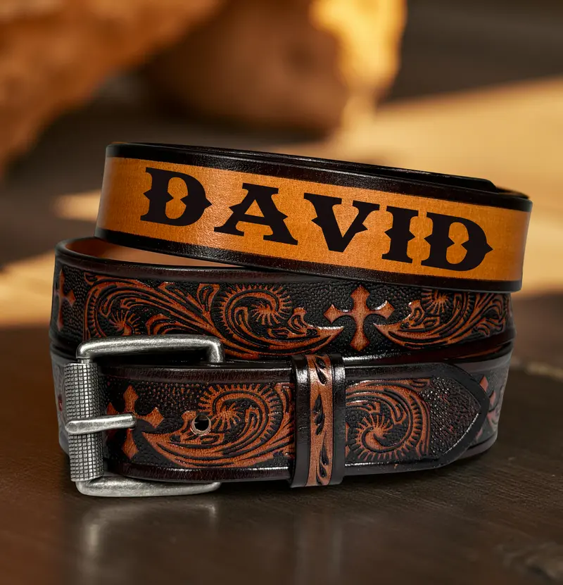 Western Tooled Leather Belt with Interchangeable Buckle Adjustable Size Vintage Western belt changeable buckle - TikTok Shop main image 3