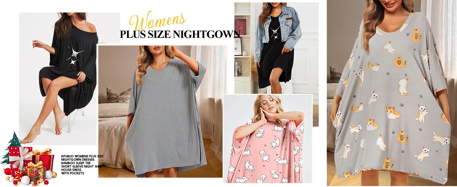 KFUBUO Plus Size Nightgowns for Women Oversized Sleep Shirts Bamboo Viscose Sleep Tee Short Sleeves Print Sleepwear With Pocket  Comfortable Cute Fits S-5XL Pajamas  Loungewear Soft Stretchy SpringStatements