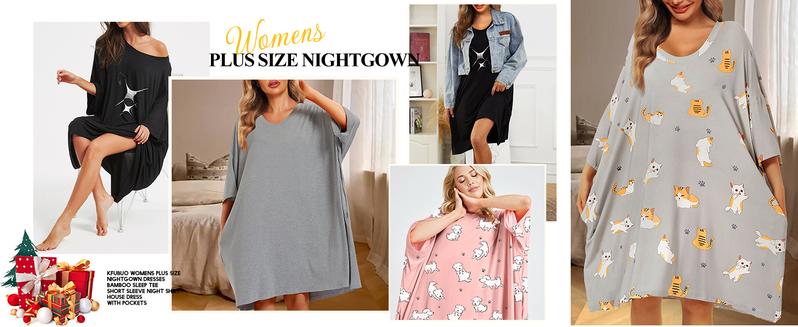 KFUBUO Plus Size Nightgowns for Women Oversized Sleep Shirts Bamboo Viscose Sleep Tee Short Sleeves Print Sleepwear With Pocket  Comfortable Cute Fits S-5XL Pajamas  Loungewear Soft Stretchy