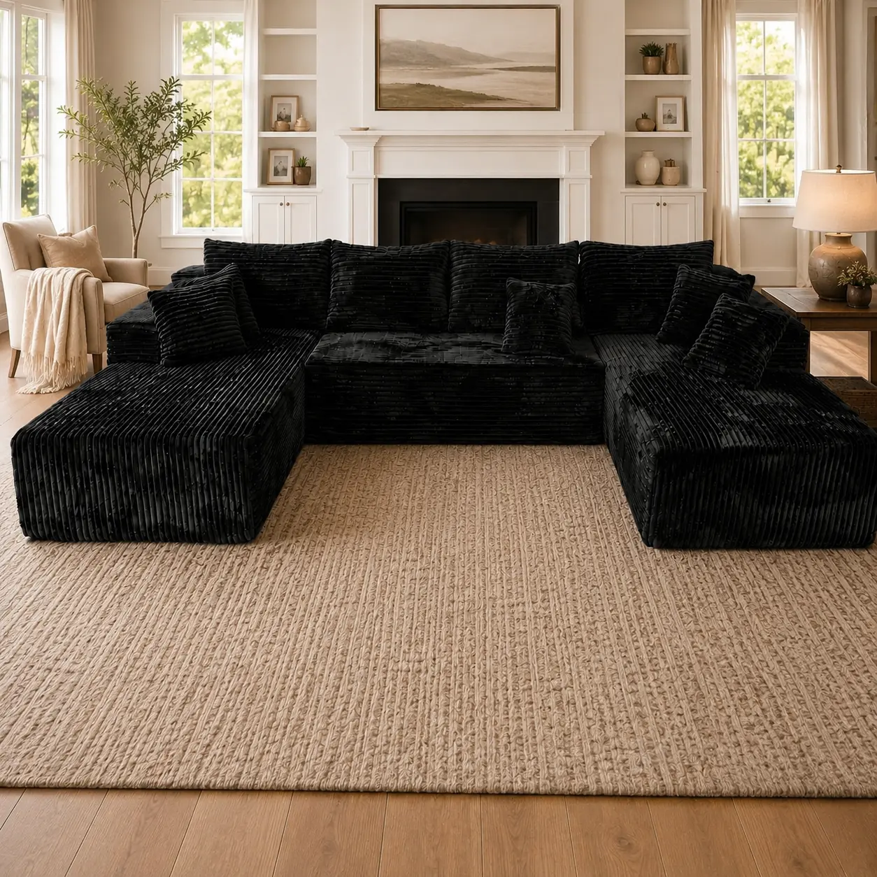 Black Corduroy 133" Modular U-Shape Customizable Sectional Couch (3 Packages Shipping) - Boneless Convertible Living Room Furniture, Deep Seat Upholstered Sofa with Chaise, No Assembly Required