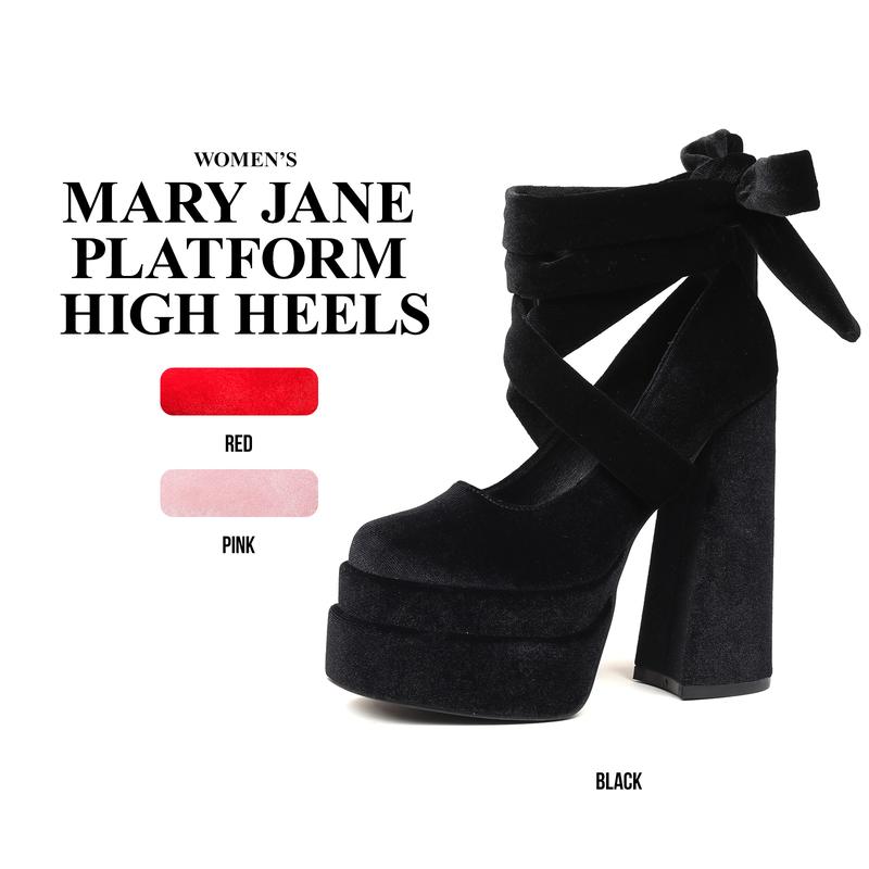 CYNLLIO Womens Mary Jane High Heels Square Toe Cross Tied Lace Up Bow Slip On Comfy Platform Chunky Heeled Dress Outing Wedding Party Casual Cosplay Spring Pump Shoes Valentine Gifts