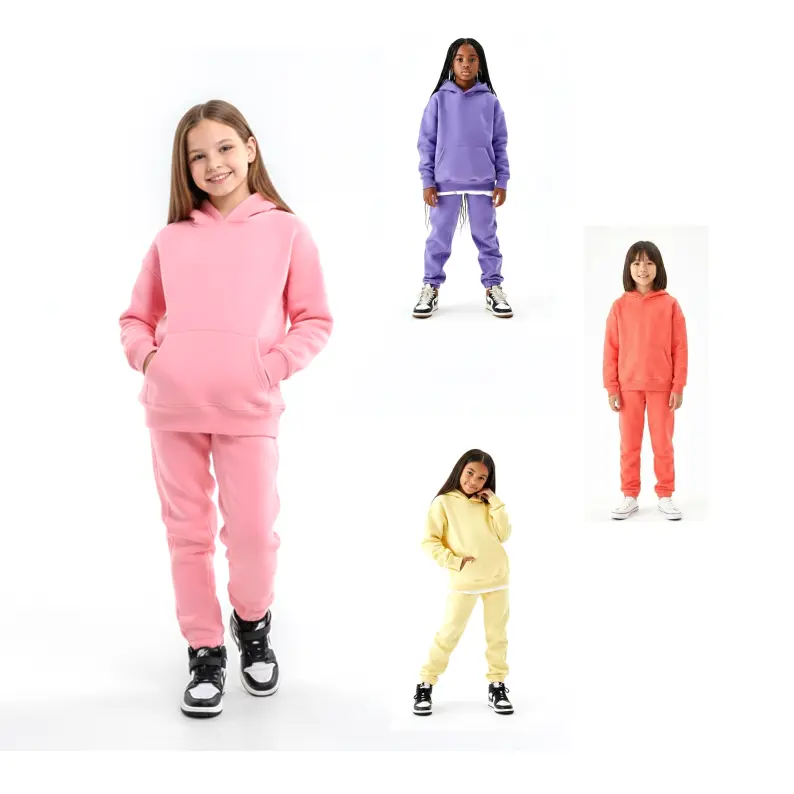 Girls' High-Level 2-Piece Polyester Athletic Hoodie & Sweatpants Casual Set - Winter Warm Heavyweight, Available in Blush Pink, Lavender Purple, Pale Yellow, Coral Orange